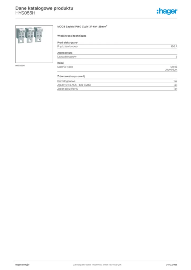 Zdjęcie Hager Karta katalogowa HYS055H | Hager Polska