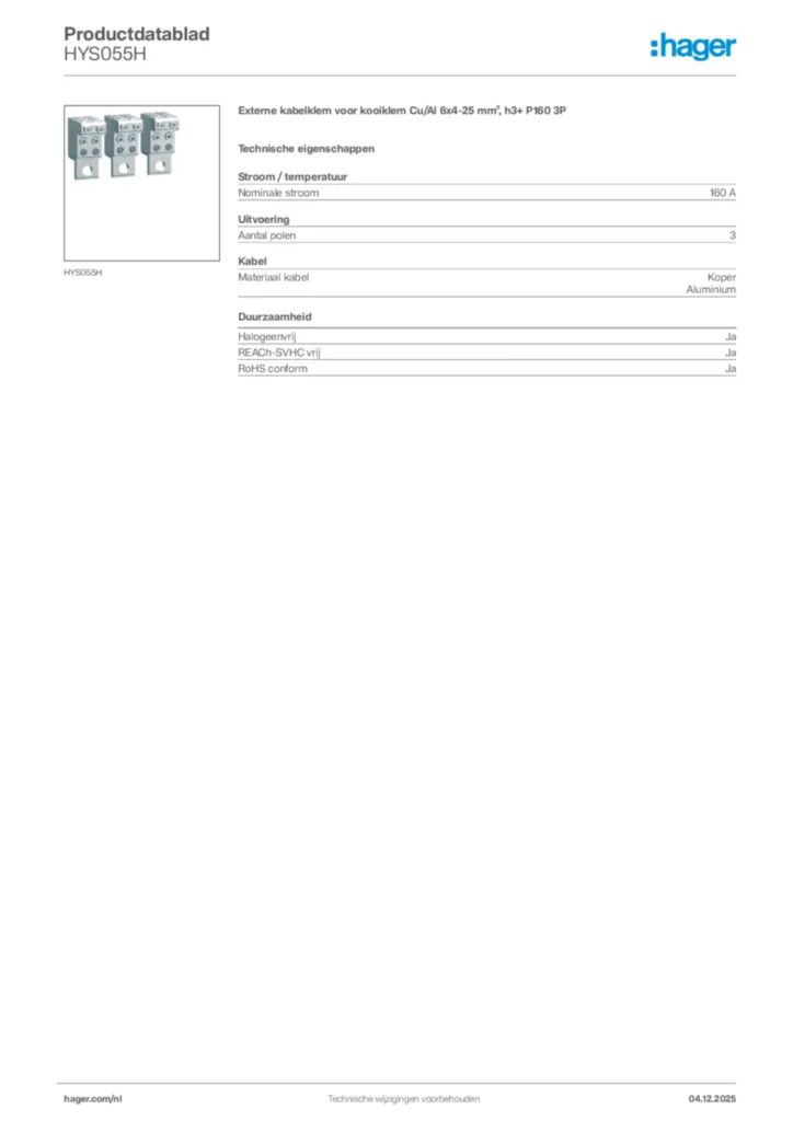 Afbeelding Hager Productdatablad HYS055H | Hager Nederland