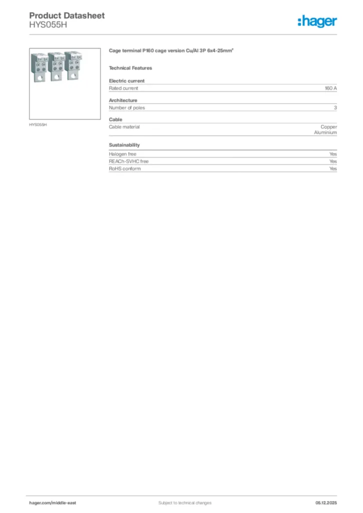 Image Hager Product data sheet HYS055H  | Hager