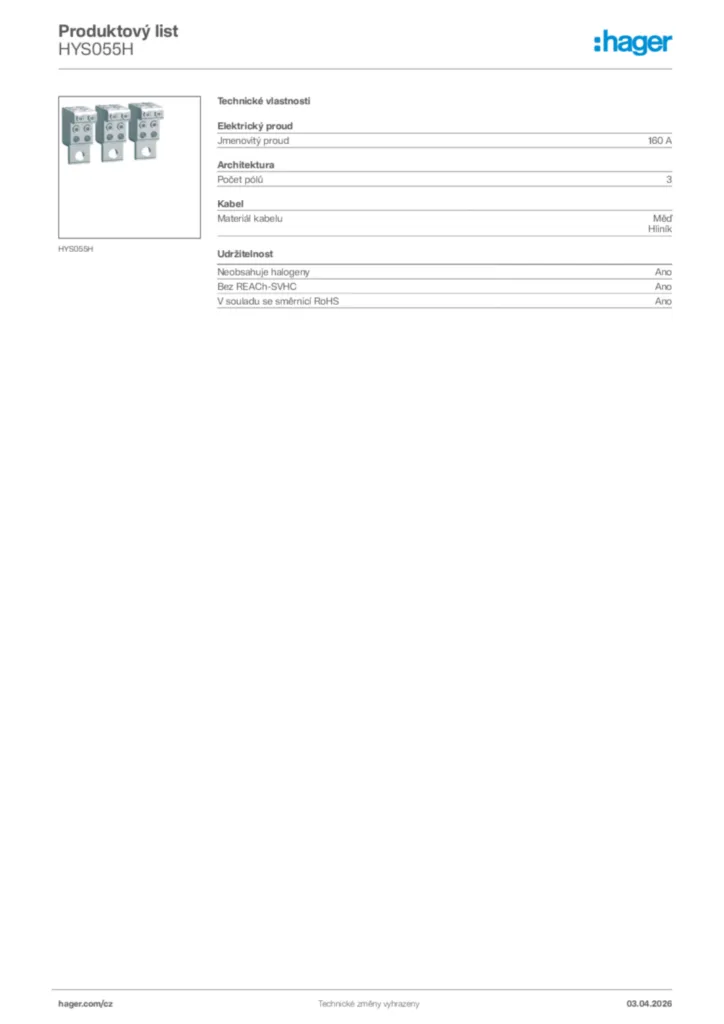Obrázek Hager Product data sheet HYS055H | Hager