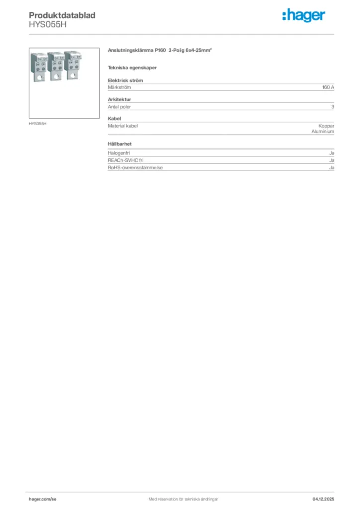 Bild Hager Produktdatablad HYS055H | Hager Sverige
