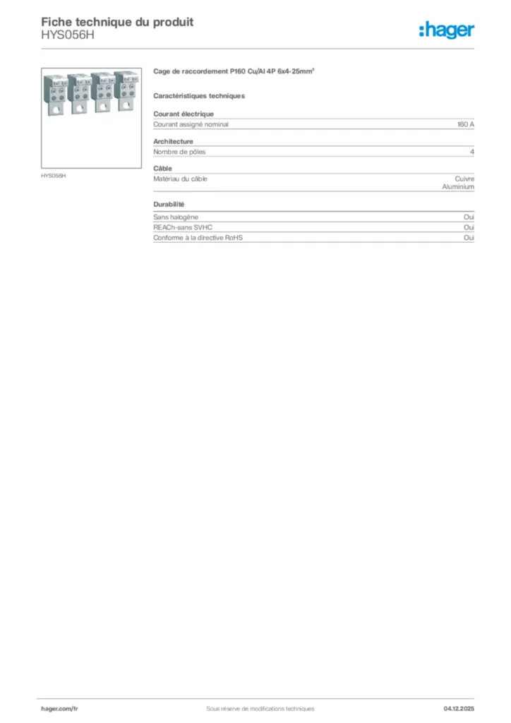 Image Hager Fiche technique du produit HYS056H | Hager France