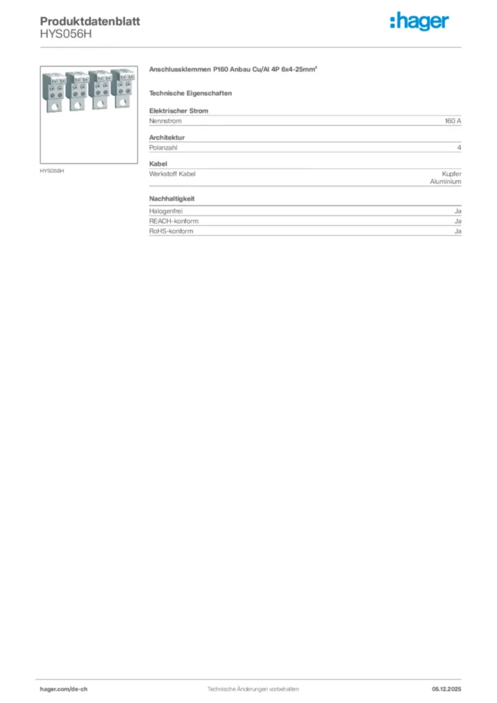 Bild Hager Produktdatenblatt HYS056H | Hager Schweiz