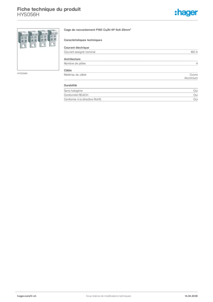Image Hager Fiche technique du produit HYS056H | Hager Suisse