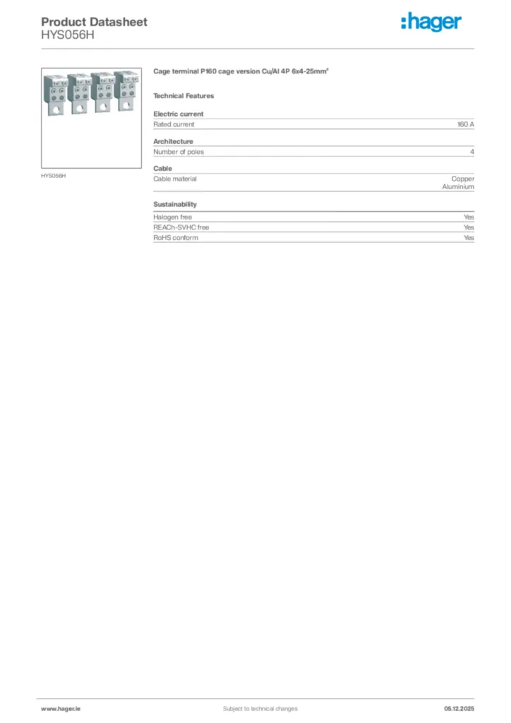 Image Hager Product data sheet HYS056H  | Hager