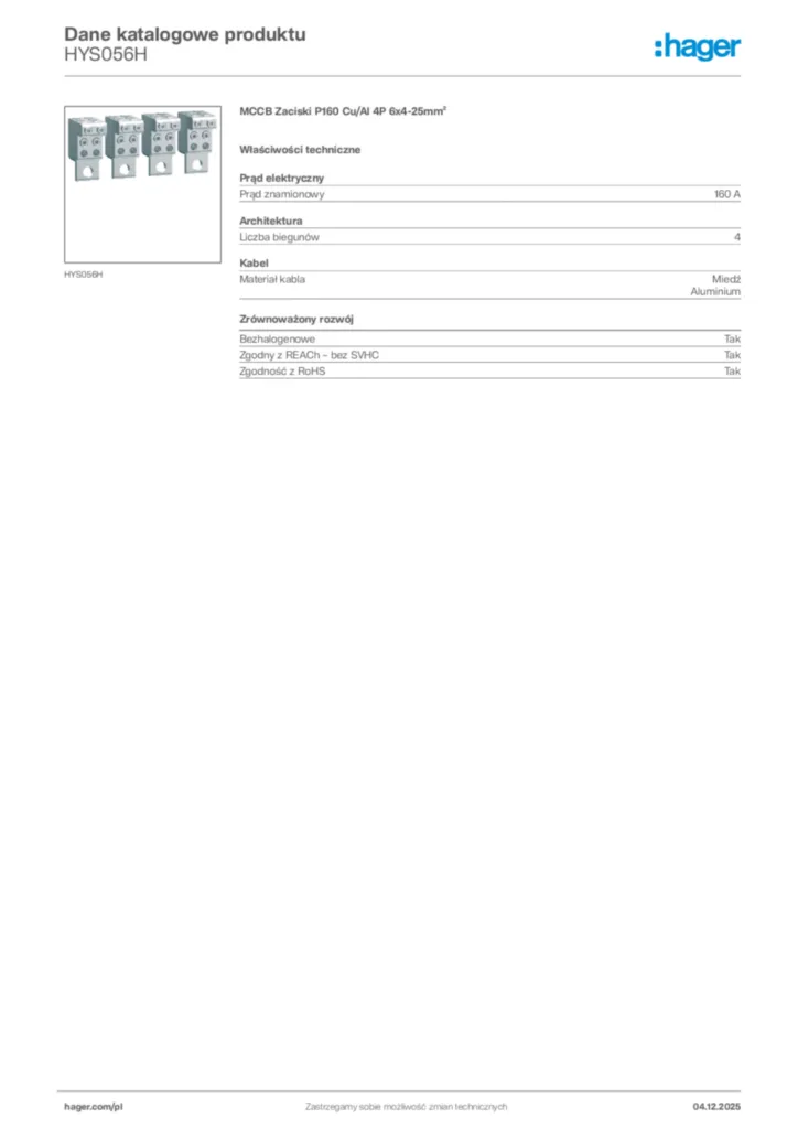 Zdjęcie Hager Karta katalogowa HYS056H | Hager Polska