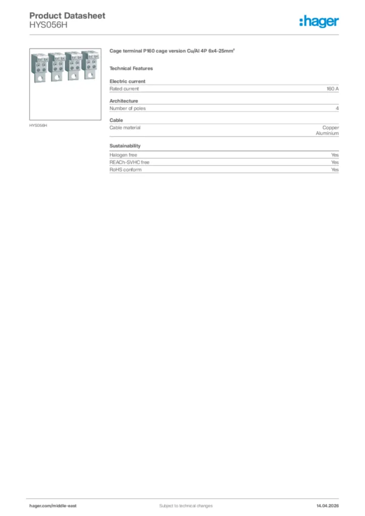 Image Hager Product data sheet HYS056H  | Hager