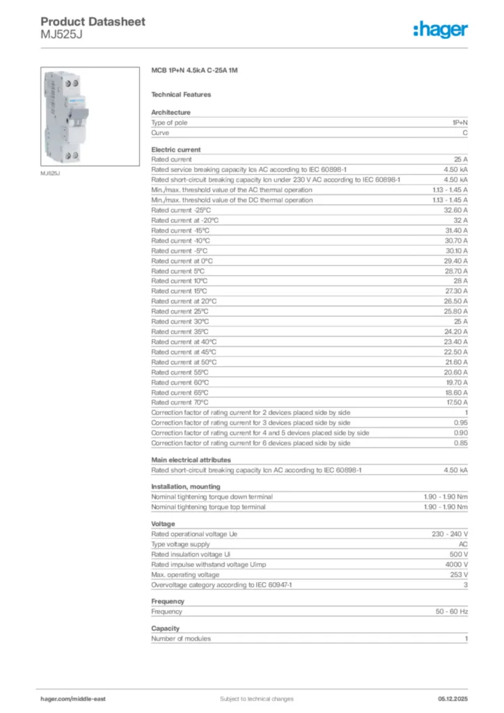 Image Hager Product data sheet MJ525J  | Hager