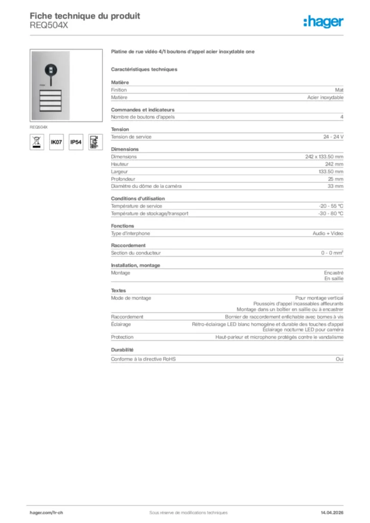 Image Hager Fiche technique du produit REQ504X | Hager Suisse