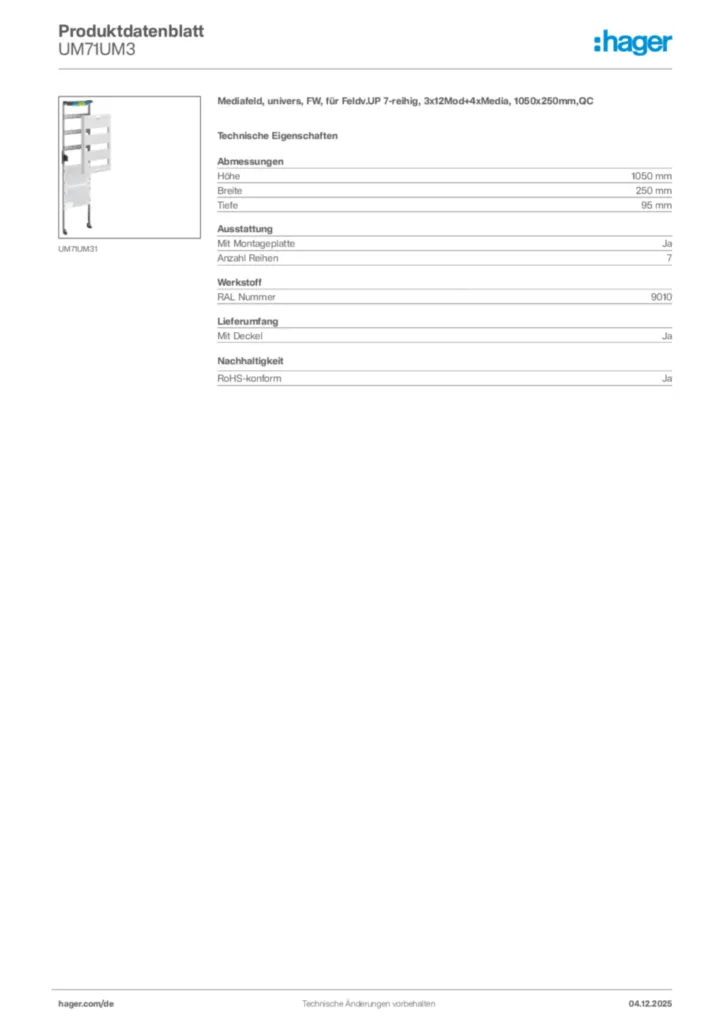 Bild Hager Produktdatenblatt UM71UM3 | Hager Deutschland