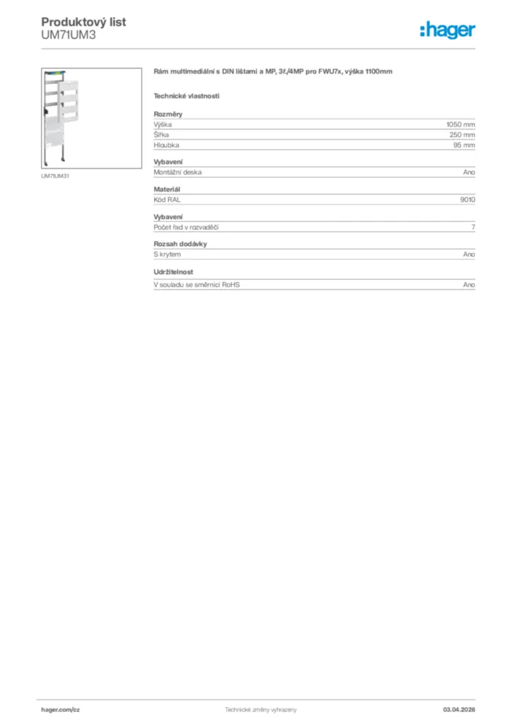 Obrázek Hager Product data sheet UM71UM3 | Hager