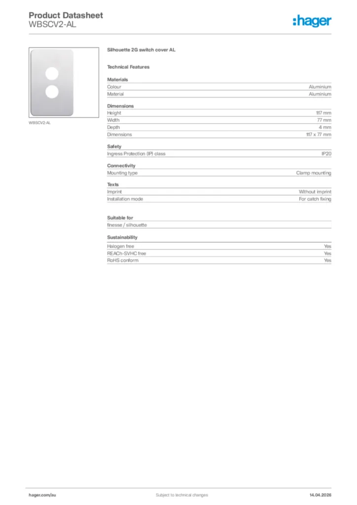 Image Hager Product data sheet WBSCV2-AL  | Hager Australia
