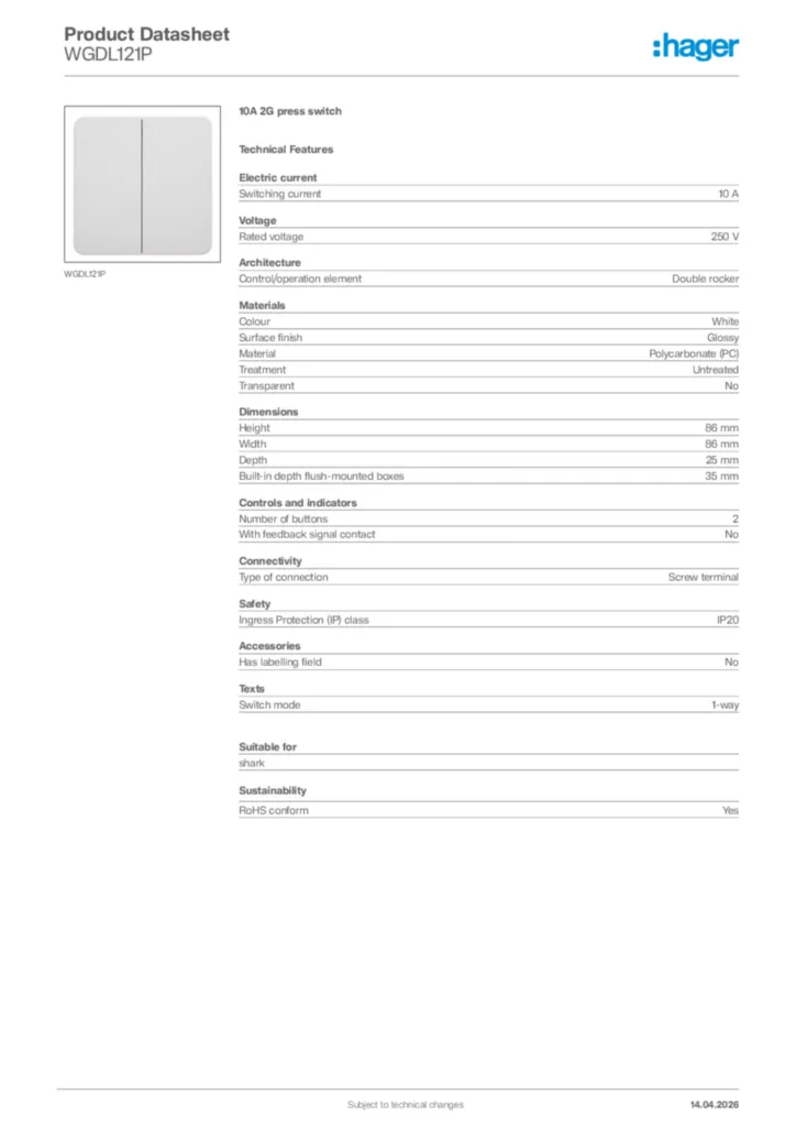 Image Hager Product data sheet WGDL121P  | Hager