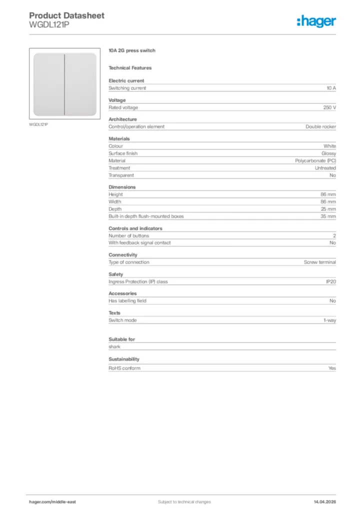 Image Hager Product data sheet WGDL121P  | Hager