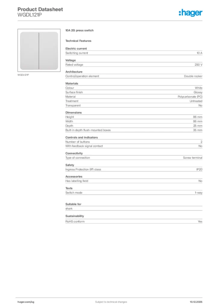 Image Hager Product data sheet WGDL121P  | Hager
