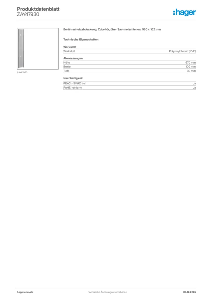 Bild Hager Produktdatenblatt ZAY47930 | Hager Deutschland