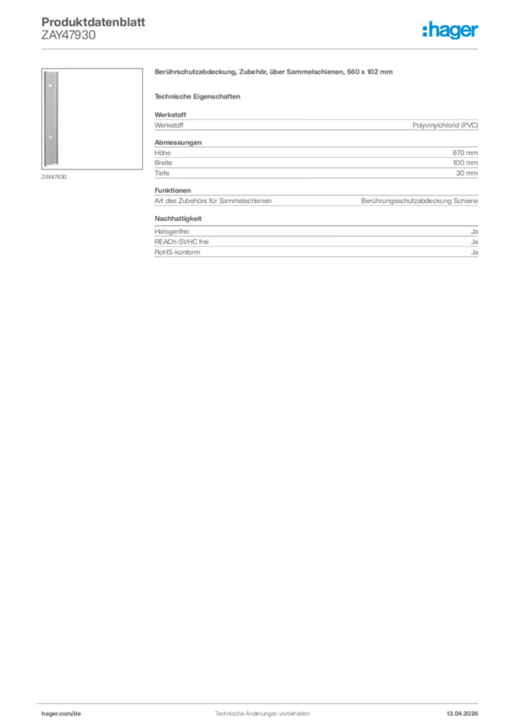 Bild Hager Produktdatenblatt ZAY47930 | Hager Deutschland