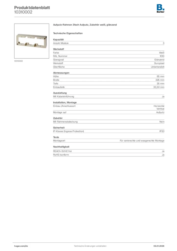 Bild Berker Produktdatenblatt 10310002 | Hager Deutschland