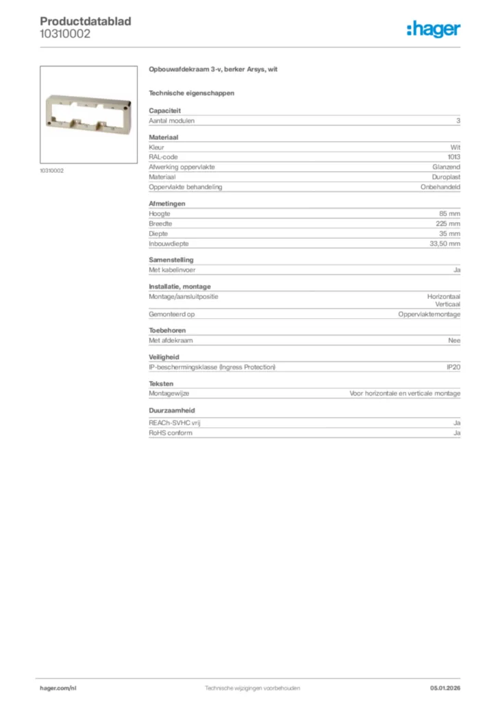 Afbeelding Hager Productdatablad 10310002 | Hager Nederland