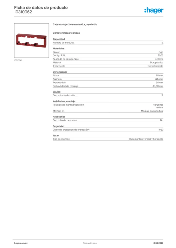 Imagen Hager Ficha de datos de producto 10310062 | Hager España