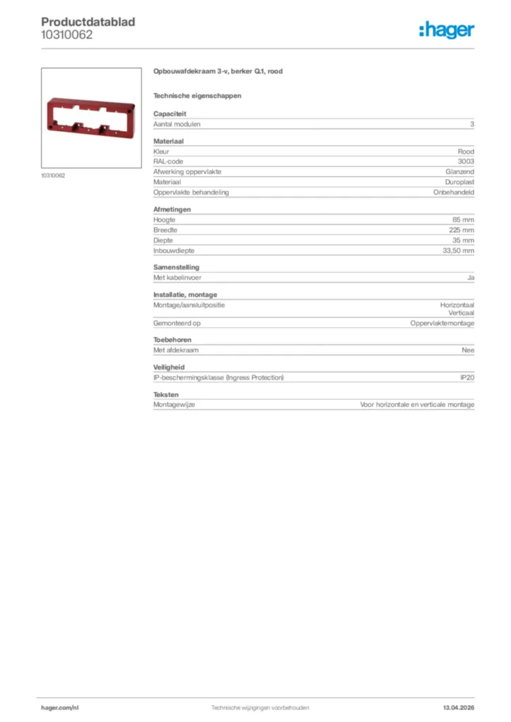 Afbeelding Hager Productdatablad 10310062 | Hager Nederland