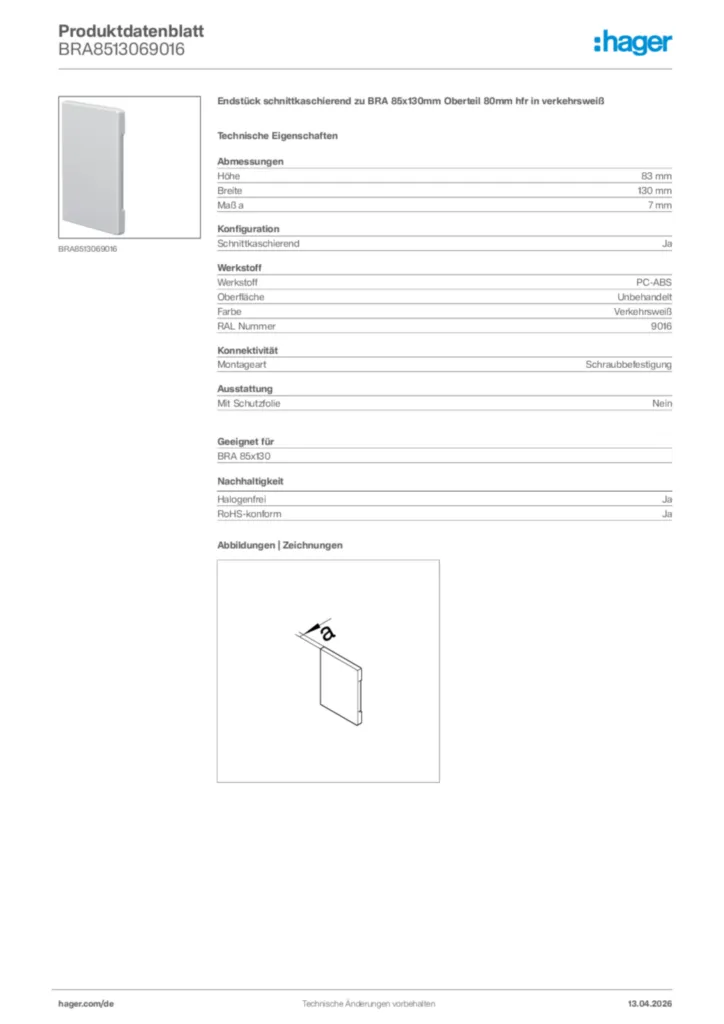 Bild Hager Produktdatenblatt BRA8513069016 | Hager Deutschland