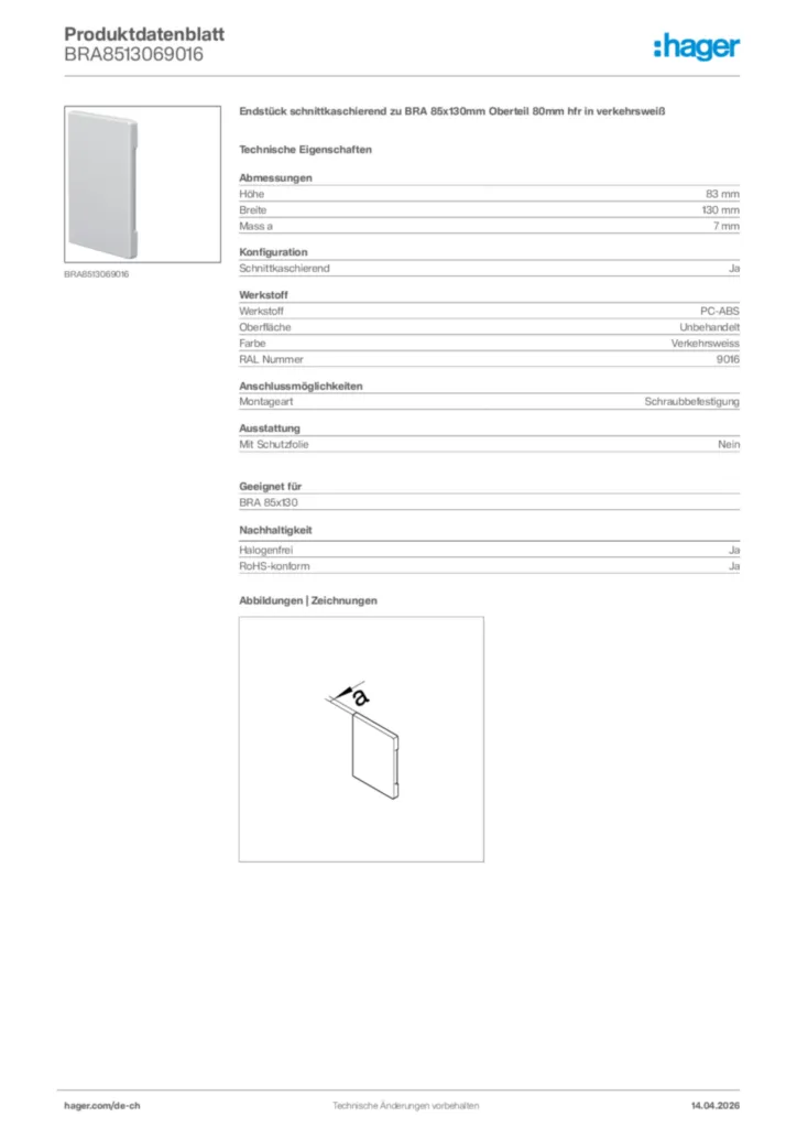 Bild Hager Produktdatenblatt BRA8513069016 | Hager Schweiz