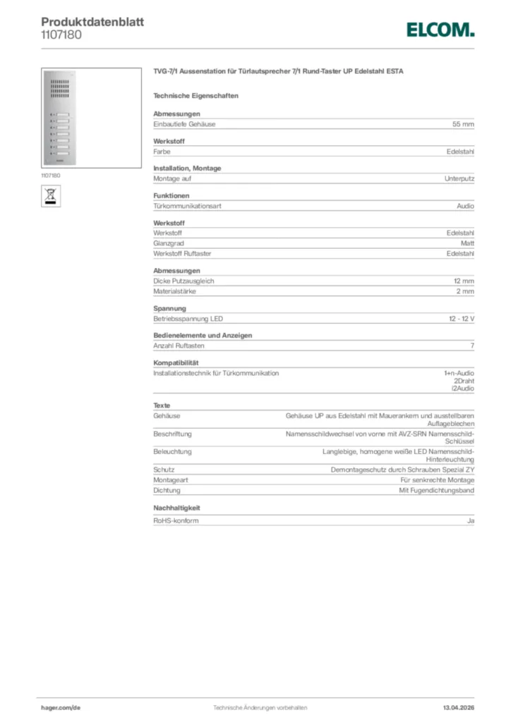 Bild Elcom Produktdatenblatt 1107180 | Hager Deutschland