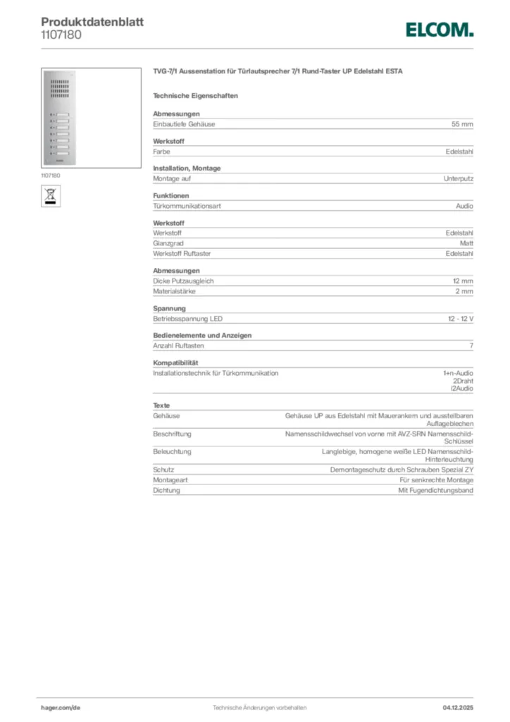 Bild Elcom Produktdatenblatt 1107180 | Hager Deutschland