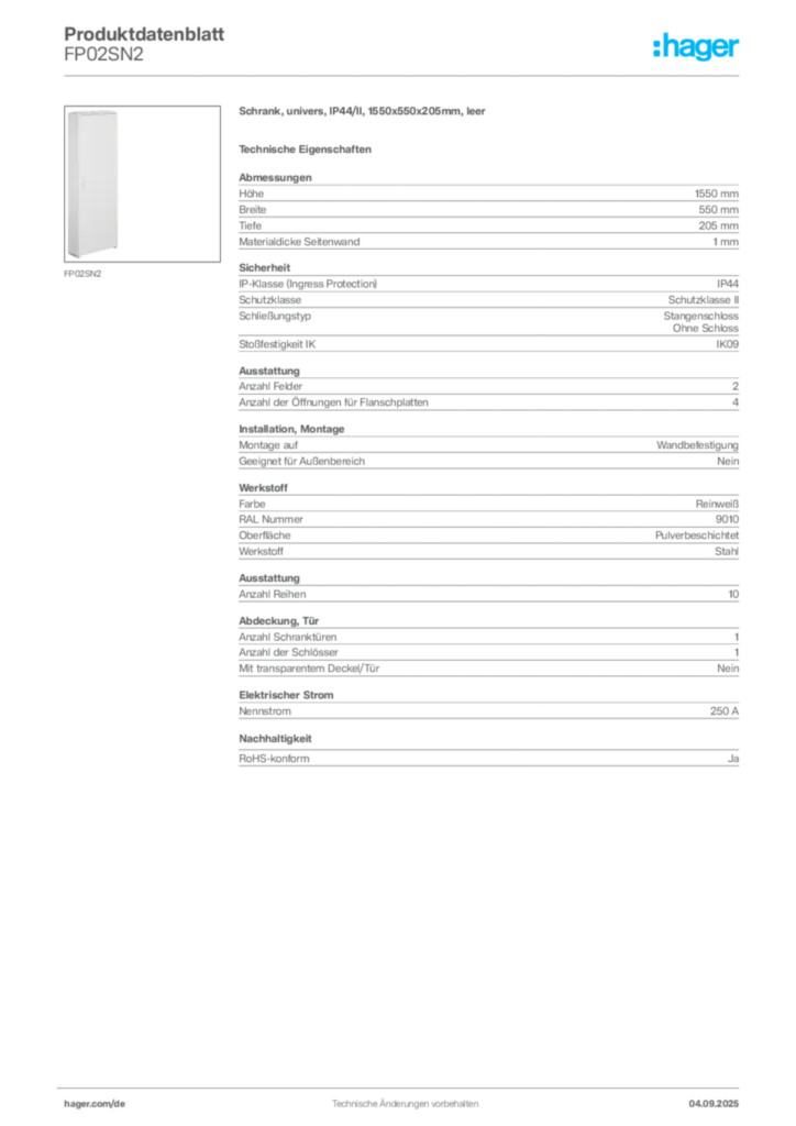Bild Hager Produktdatenblatt FP02SN2 | Hager Deutschland