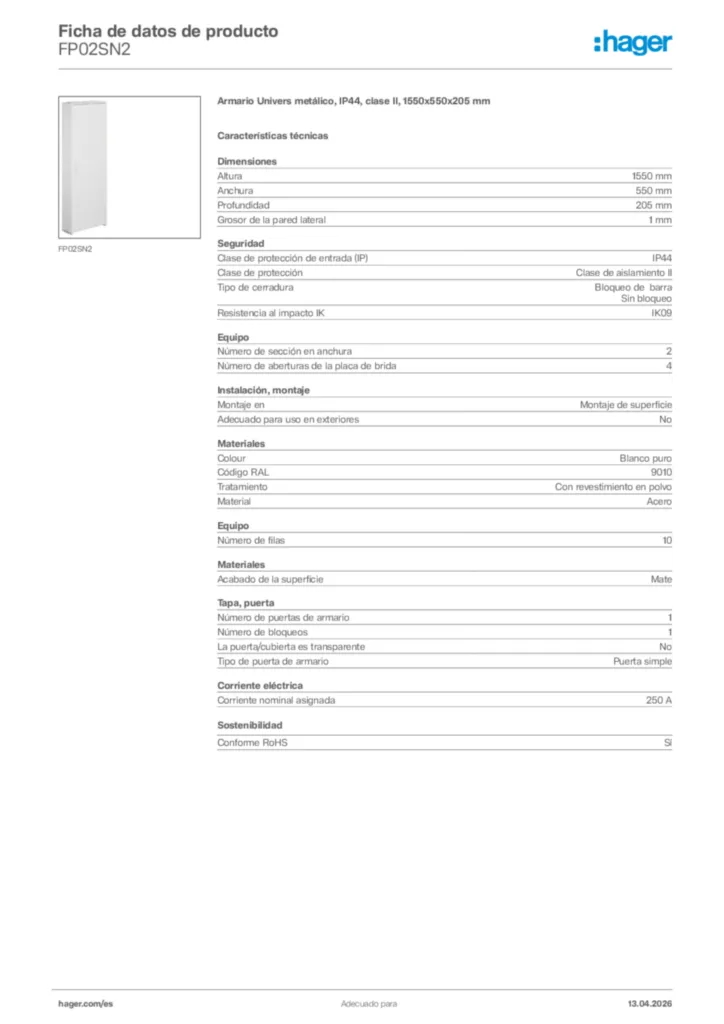 Imagen Hager Ficha de datos de producto FP02SN2 | Hager España