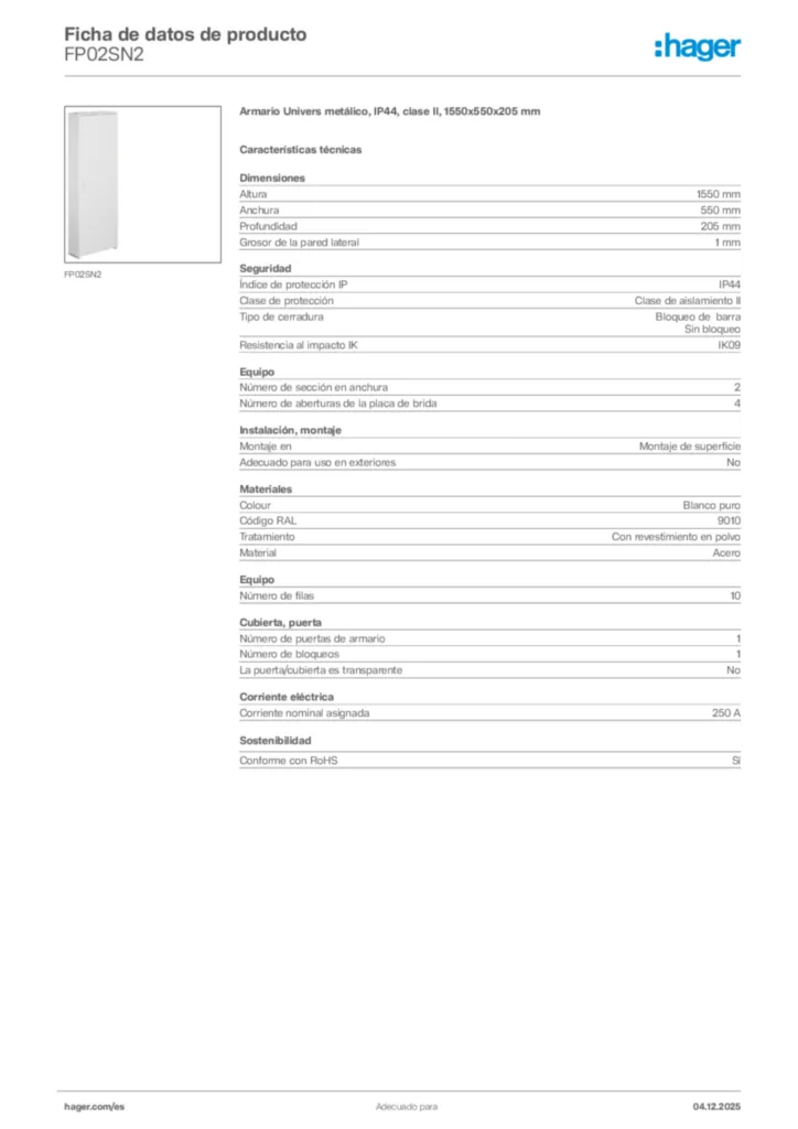 Imagen Hager Ficha de datos de producto FP02SN2 | Hager España