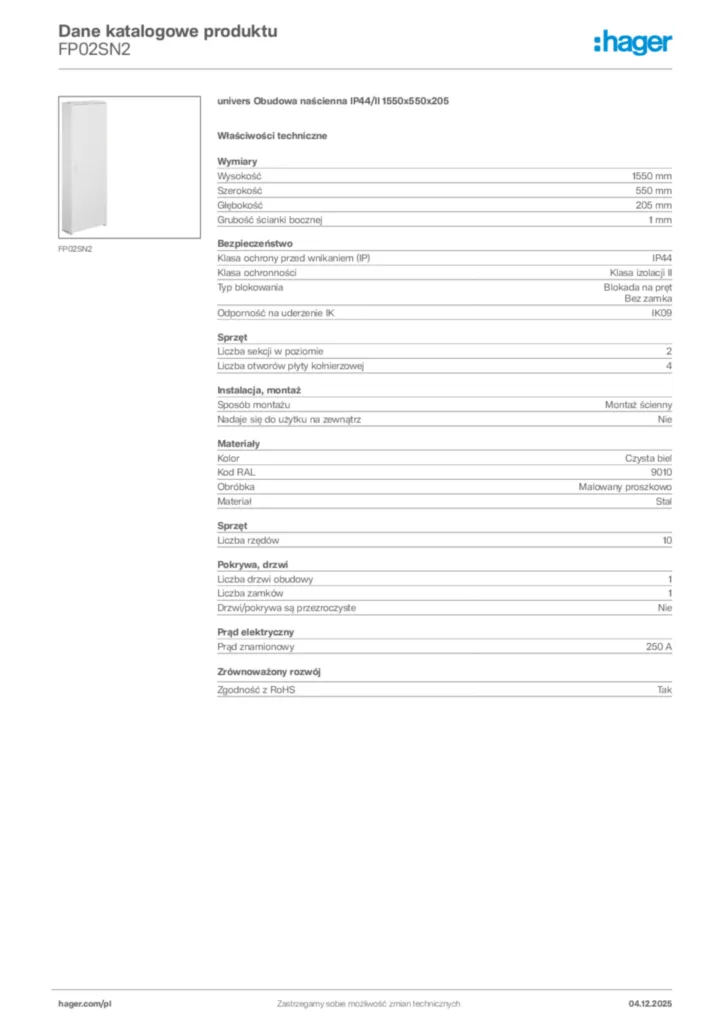 Zdjęcie Hager Karta katalogowa FP02SN2 | Hager Polska