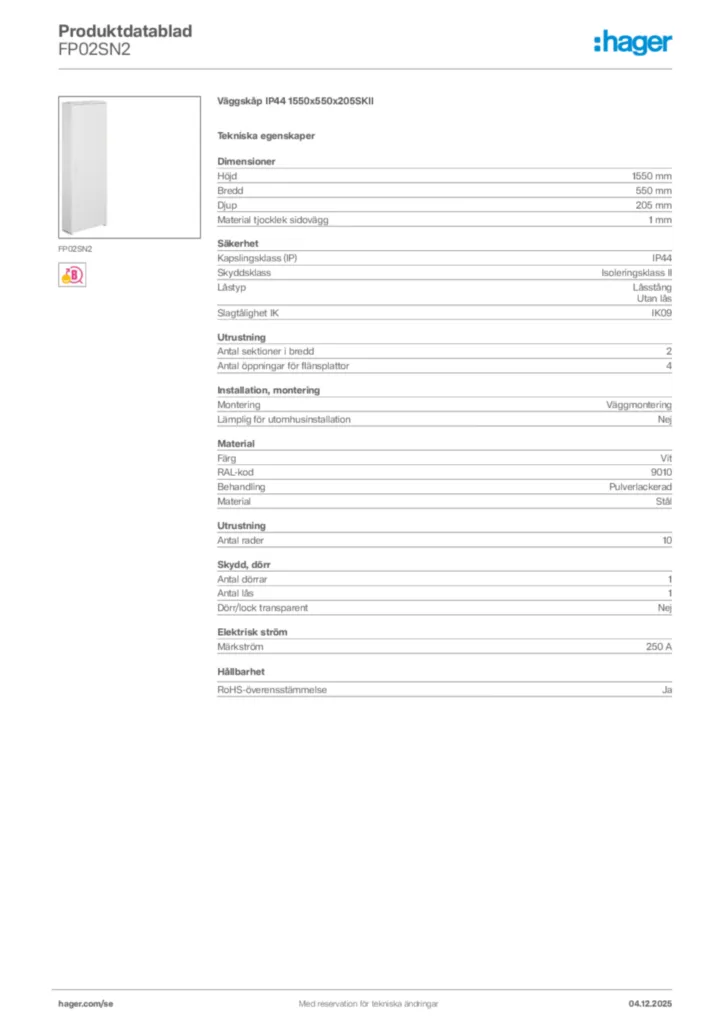 Bild Hager Produktdatablad FP02SN2 | Hager Sverige
