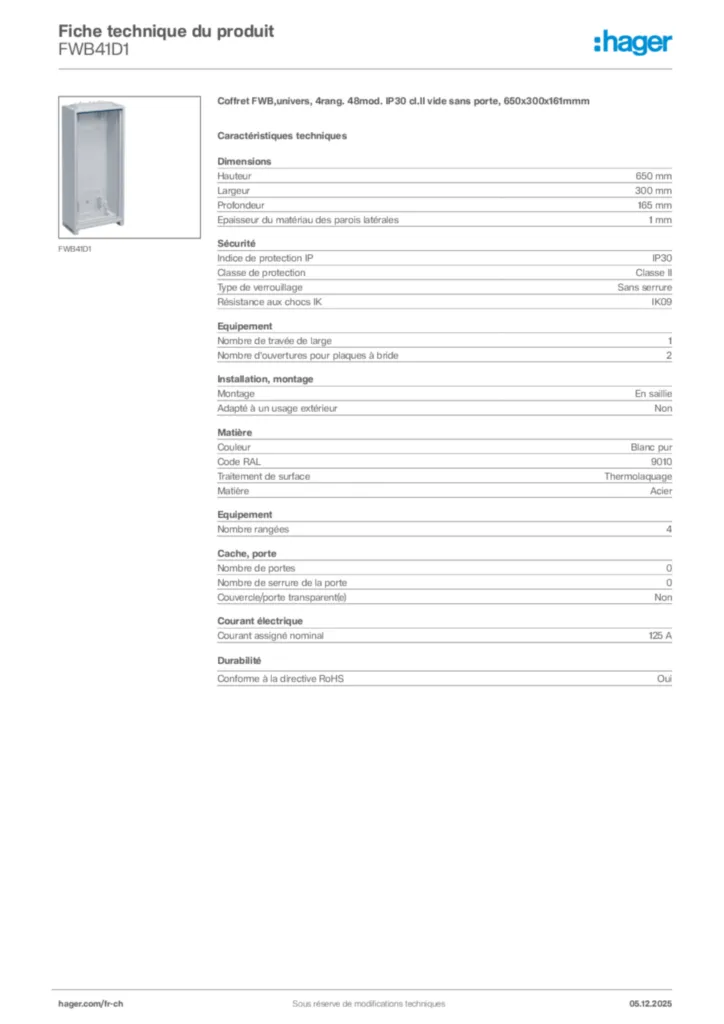 Image Hager Fiche technique du produit FWB41D1 | Hager Suisse