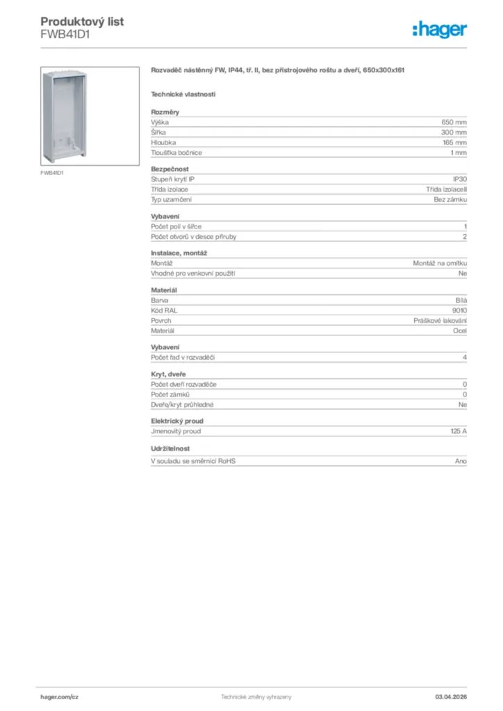 Obrázek Hager Product data sheet FWB41D1 | Hager