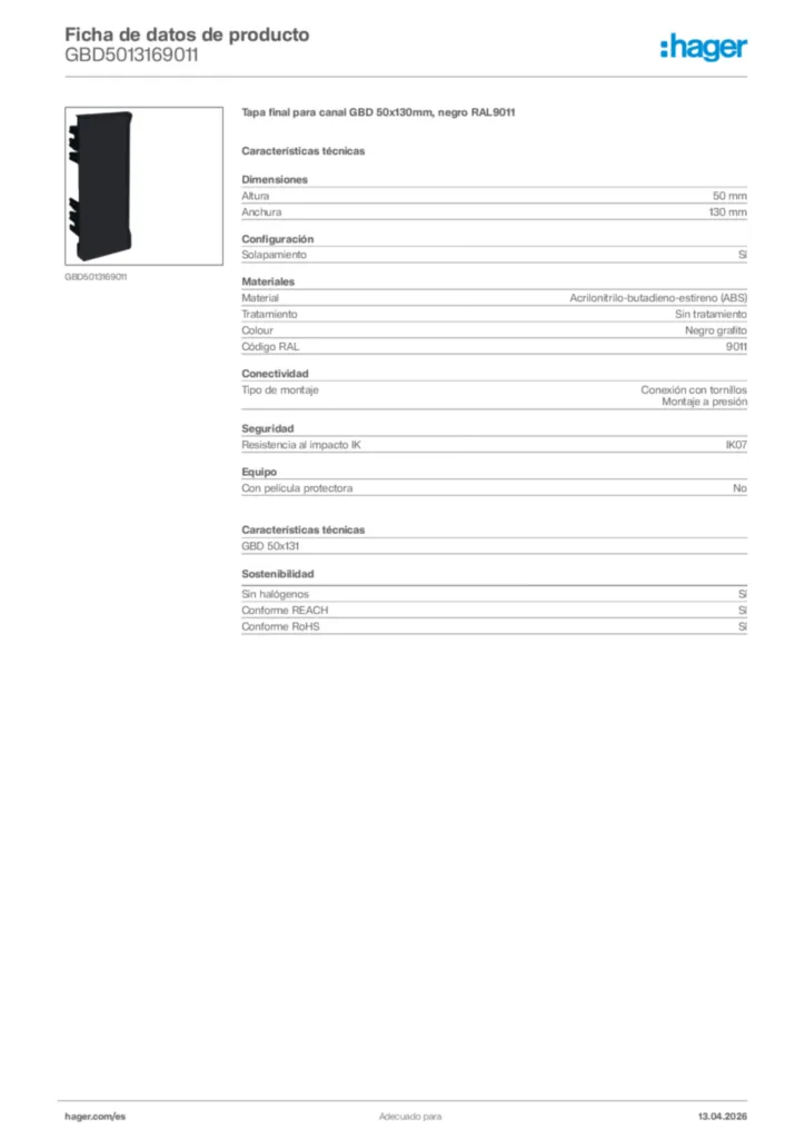 Imagen Hager Ficha de datos de producto GBD5013169011 | Hager España