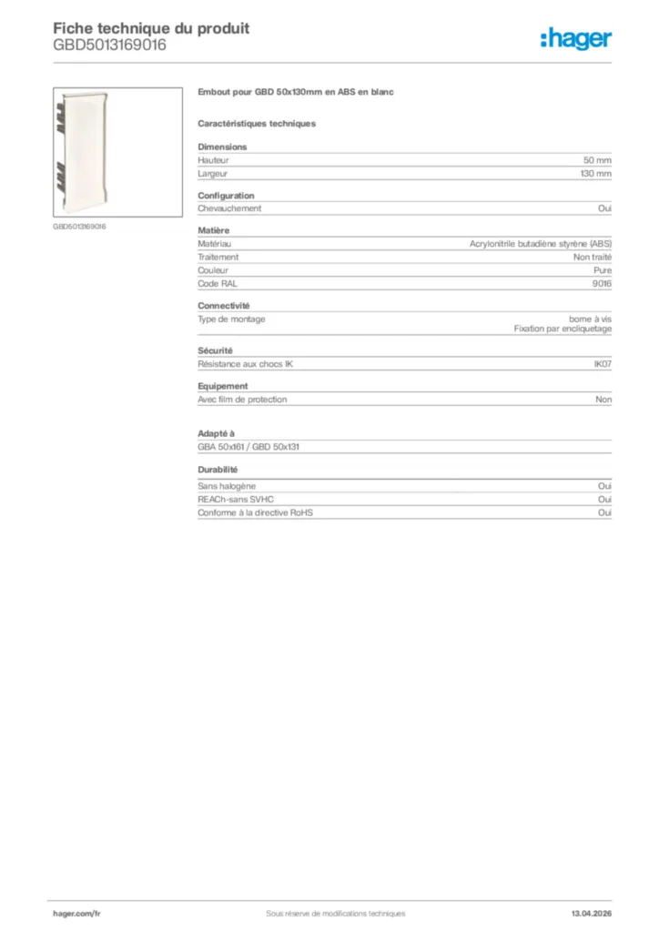 Image Hager Fiche technique du produit GBD5013169016 | Hager France