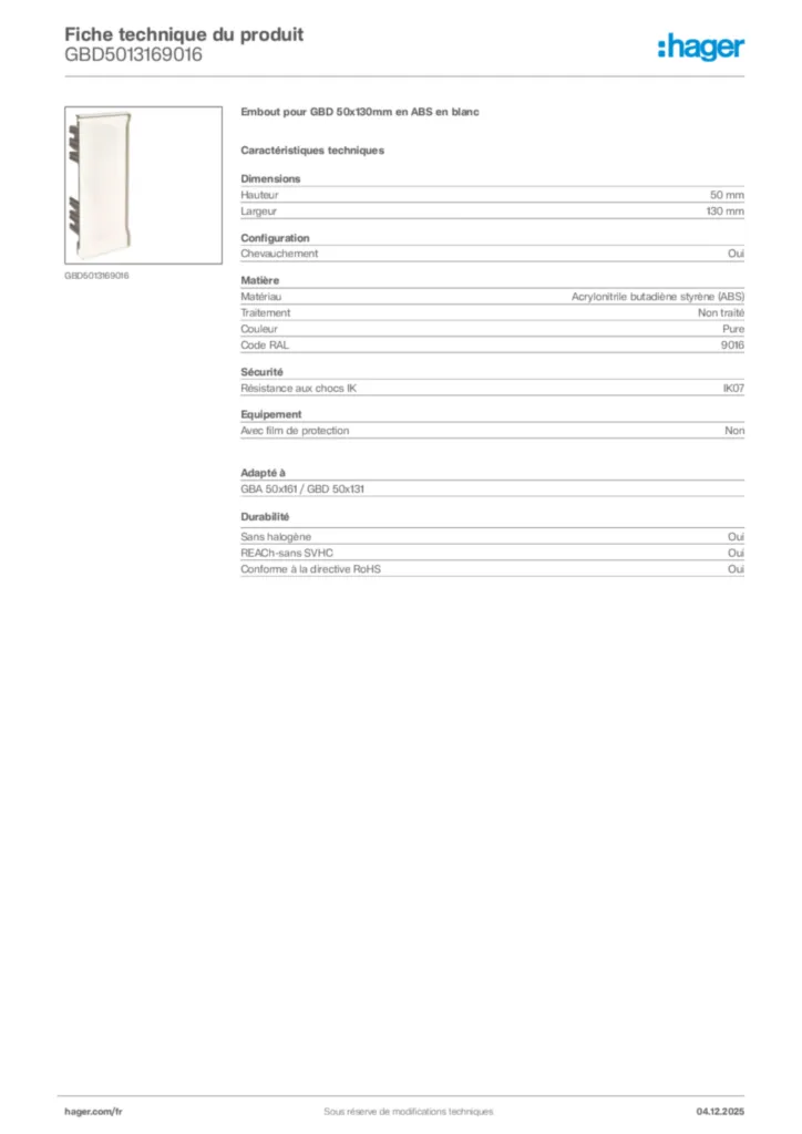 Image Hager Fiche technique du produit GBD5013169016 | Hager France