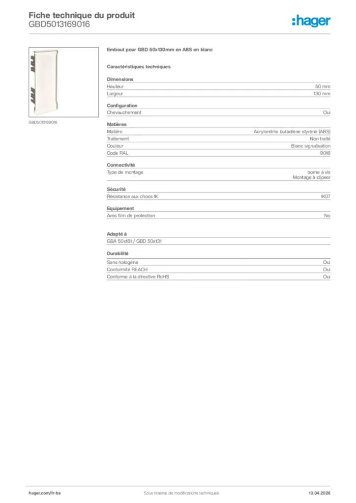 Image Hager Fiche technique du produit GBD5013169016 | Hager Belgique