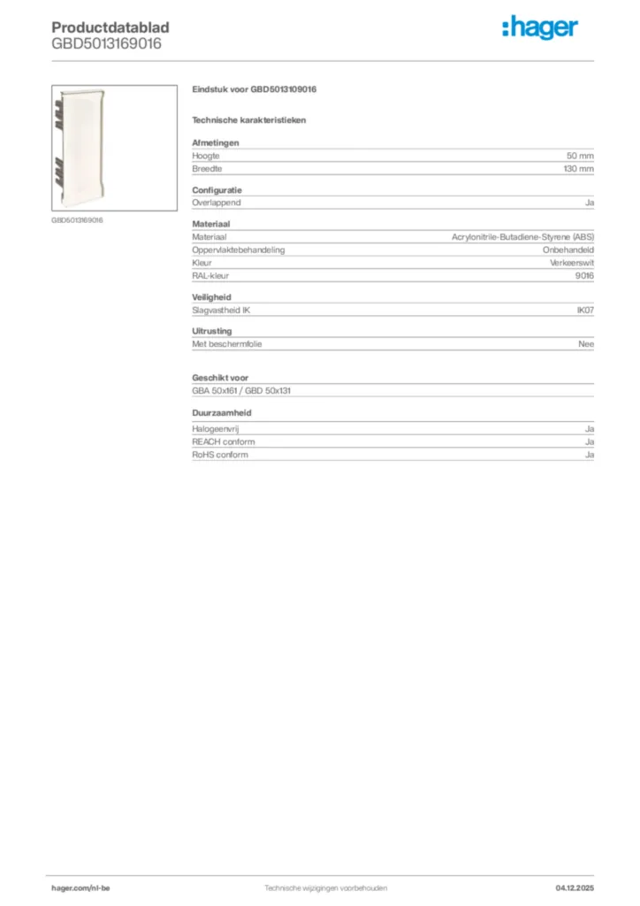 Afbeelding Hager Productdatablad GBD5013169016 | Hager Belgium