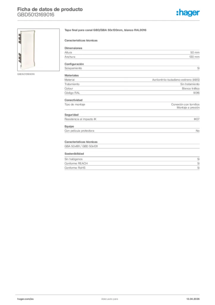 Imagen Hager Ficha de datos de producto GBD5013169016 | Hager España