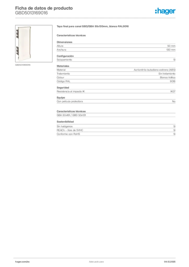 Imagen Hager Ficha de datos de producto GBD5013169016 | Hager España