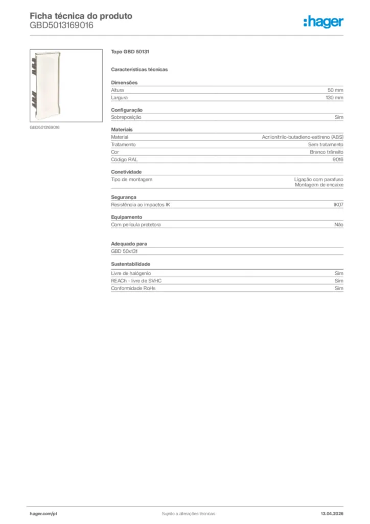 Imagem Hager Ficha técnica do produto GBD5013169016 | Hager Portugal