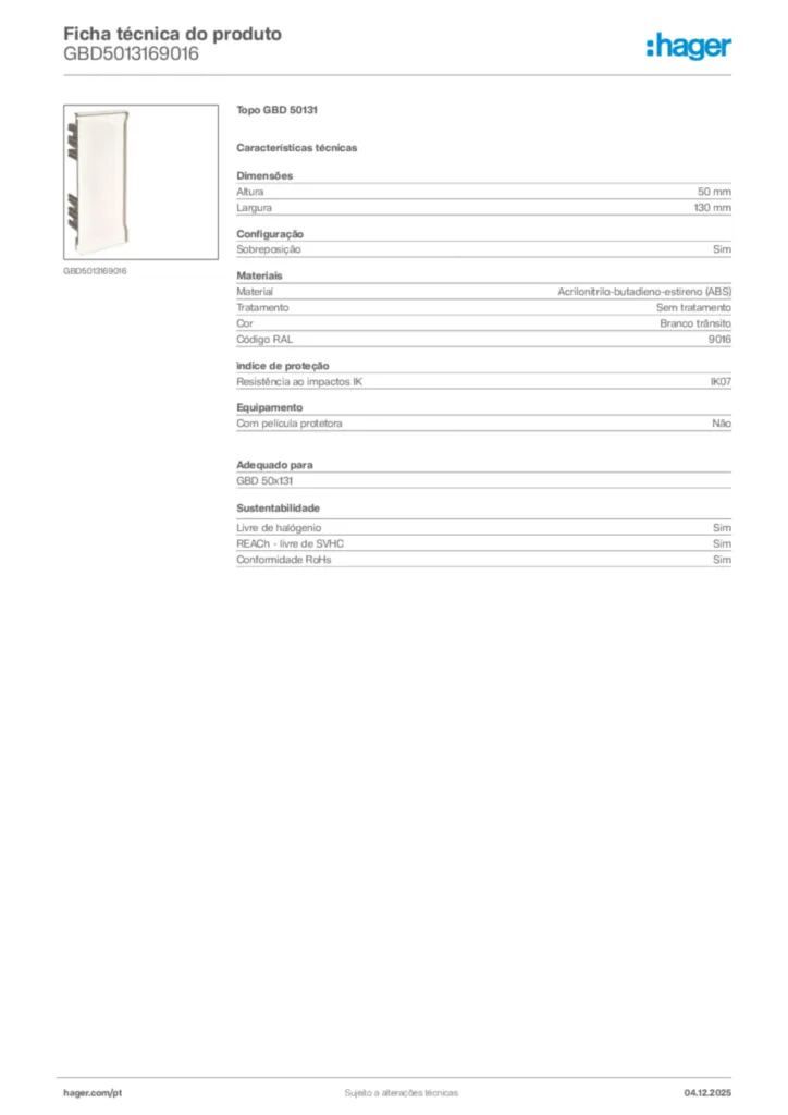 Imagem Hager Ficha técnica do produto GBD5013169016 | Hager Portugal