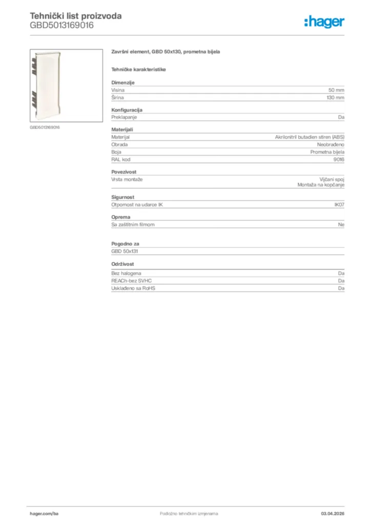 Slika Hager Tehnički list proizvoda GBD5013169016  | Hager