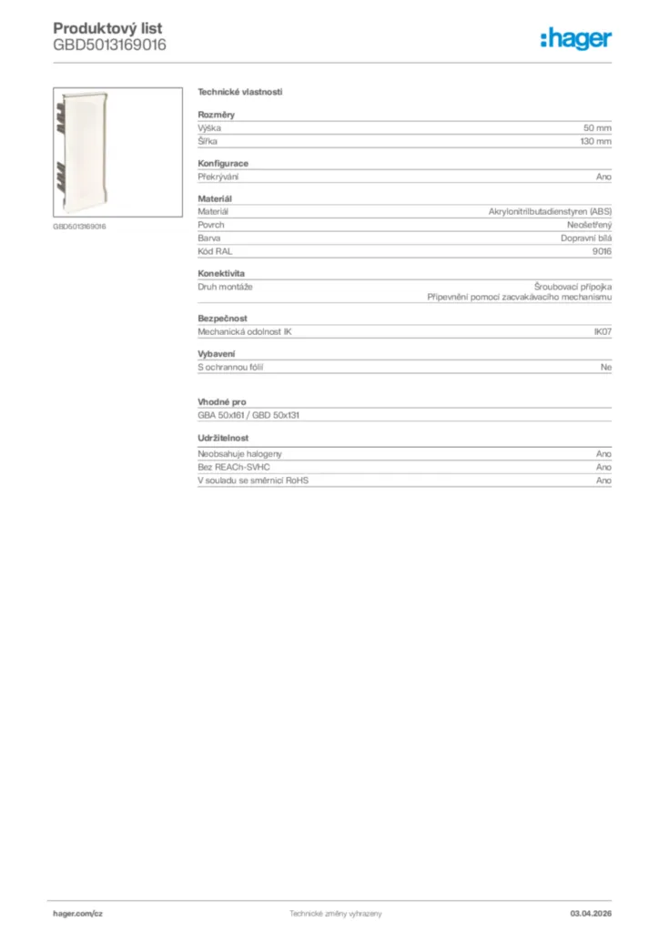 Obrázek Hager Product data sheet GBD5013169016 | Hager