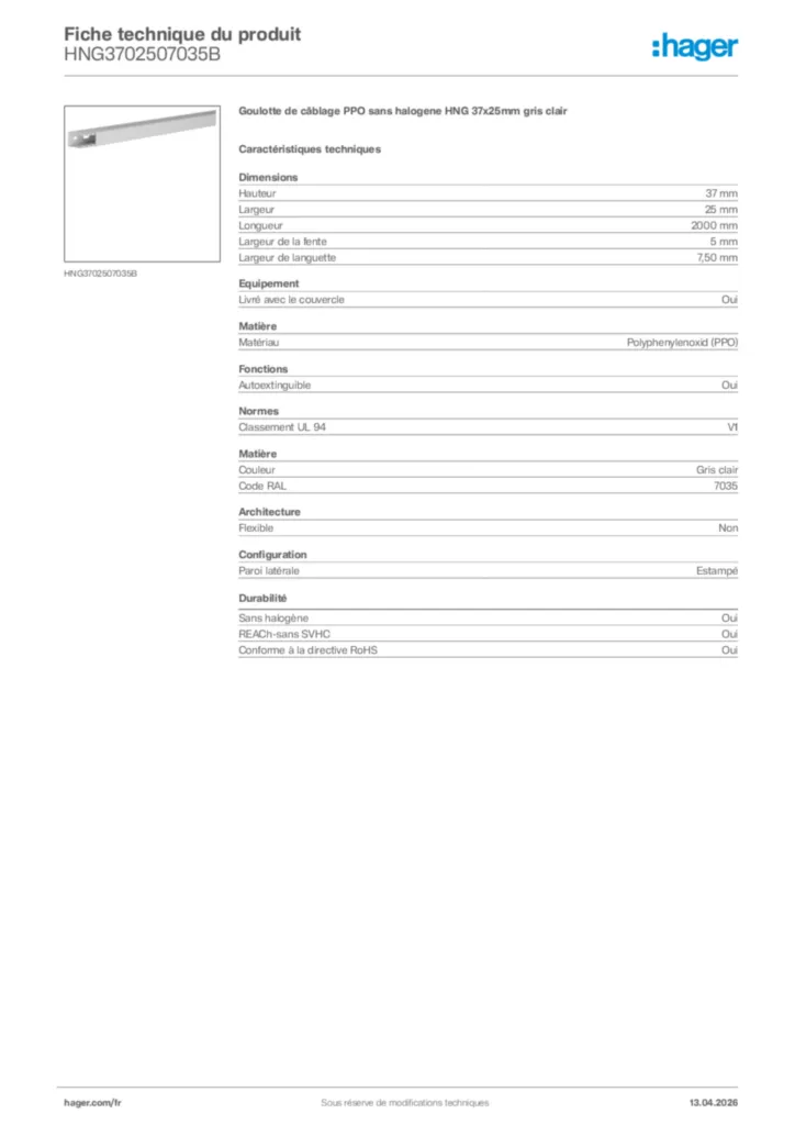 Image Hager Fiche technique du produit HNG3702507035B | Hager France