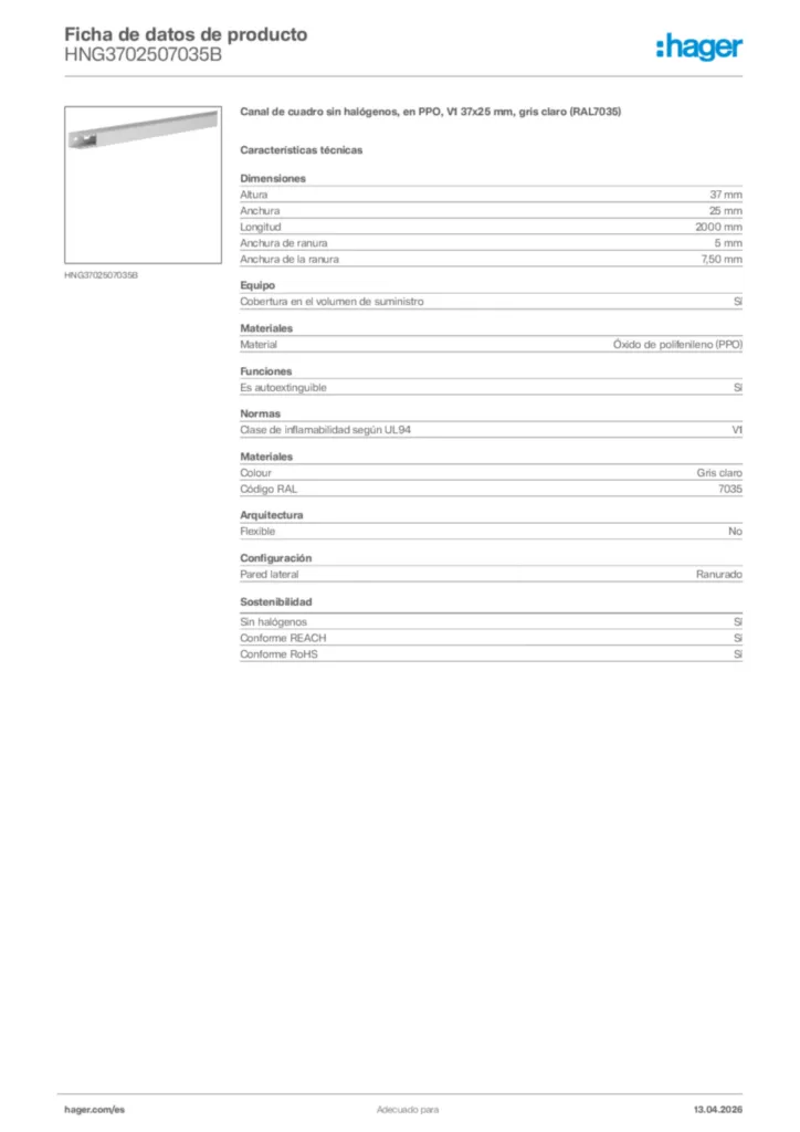 Imagen Hager Ficha de datos de producto HNG3702507035B | Hager España