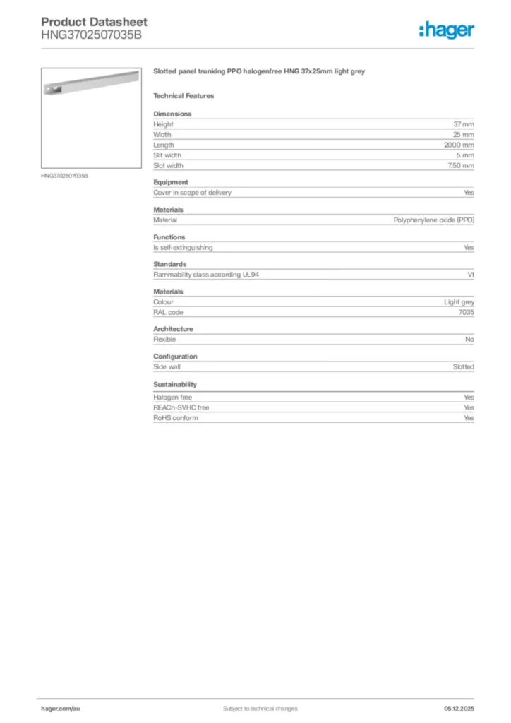 Image Hager Product data sheet HNG3702507035B  | Hager Australia